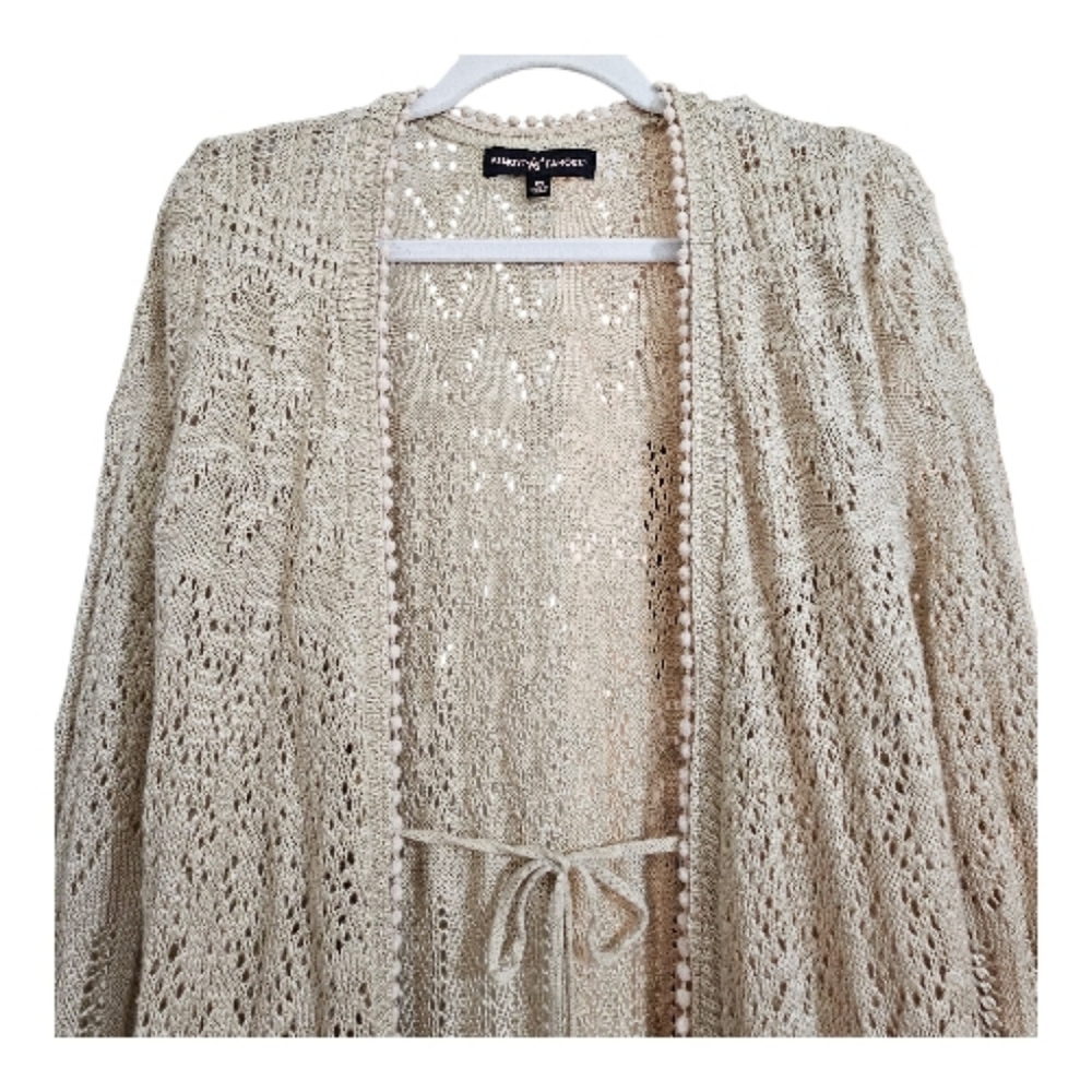 Almost Famous Long Crochet Open Front Asymmetrical Hem Knit Cardigan Kimono Med - Picture 2 of 6